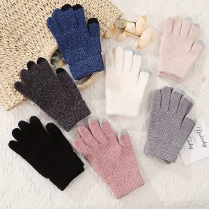 1pair Chenille Touchscreen Gloves, Winter Outdoor Gloves, Warm Knitted Gloves, Adult Five-finger Gloves