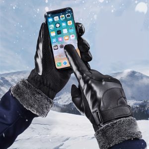 CarrKen 1 Pair Black PU Leather Full Finger Winter Mitts with Fleece Lining, Thickened Windproof Riding Hand Covers, Waterproof Cold Weather Warmth Accessories, Simple Solid Color Non-Textile Weave