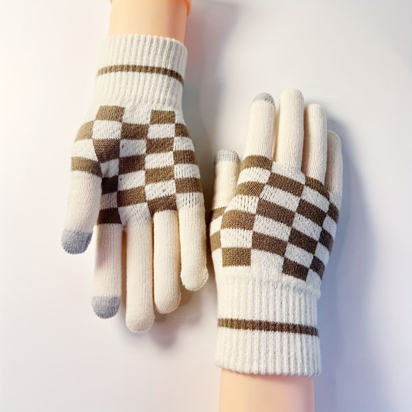 Elegant Acrylic Knit Full Finger Gloves - Soft Touchscreen Compatible Striped Gloves with Hand Wash or Dry Clean Care Instructions