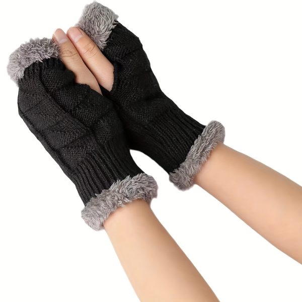 2pairs Fashion Plush Gloves, Knitted Autumn And Winter Short Style Fingerless Gloves