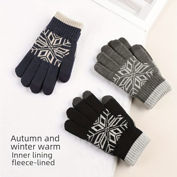 Autumn & Winter Knitted Fabric Full-Finger Mittens for Men with Fleece Lining, Warm Driving and Cycling Touchscreen Mittens - Acrylic & Wool Blend, Geometric Pattern, Hand Washu002FDry Clean, Non-Foaming, Lightweight